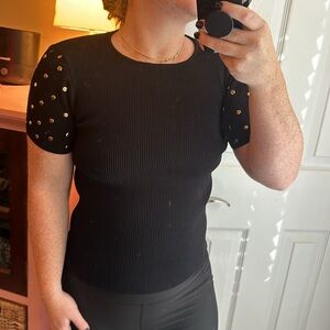 ZARA Knit Ribbed Black Gold Studded Top